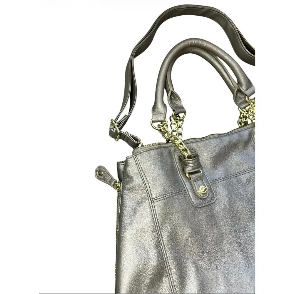 Steve Madden Metallic Taupe Tote with Chain-Accent Handles hand bag neutral